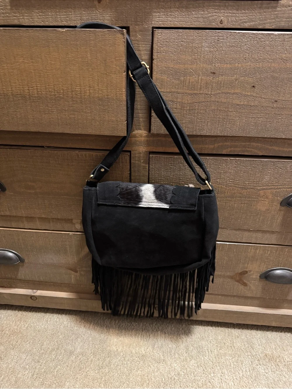Western Boho Fringe SeaShell Accent Cowhide Crossbody Bag